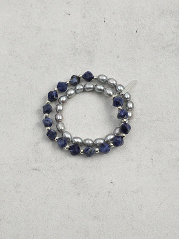 Blue Stone & Pearl Double Wrap Bracelet